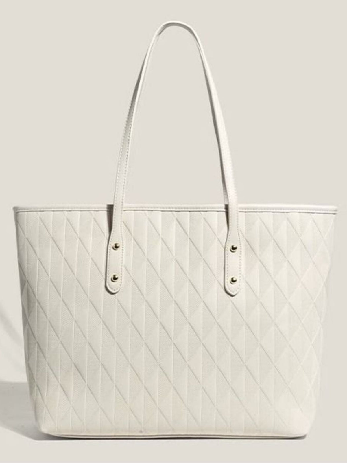 Large white PU leather tote bag with a structured silhouette, textured diamond-quilted construction, and long double shoulder straps.