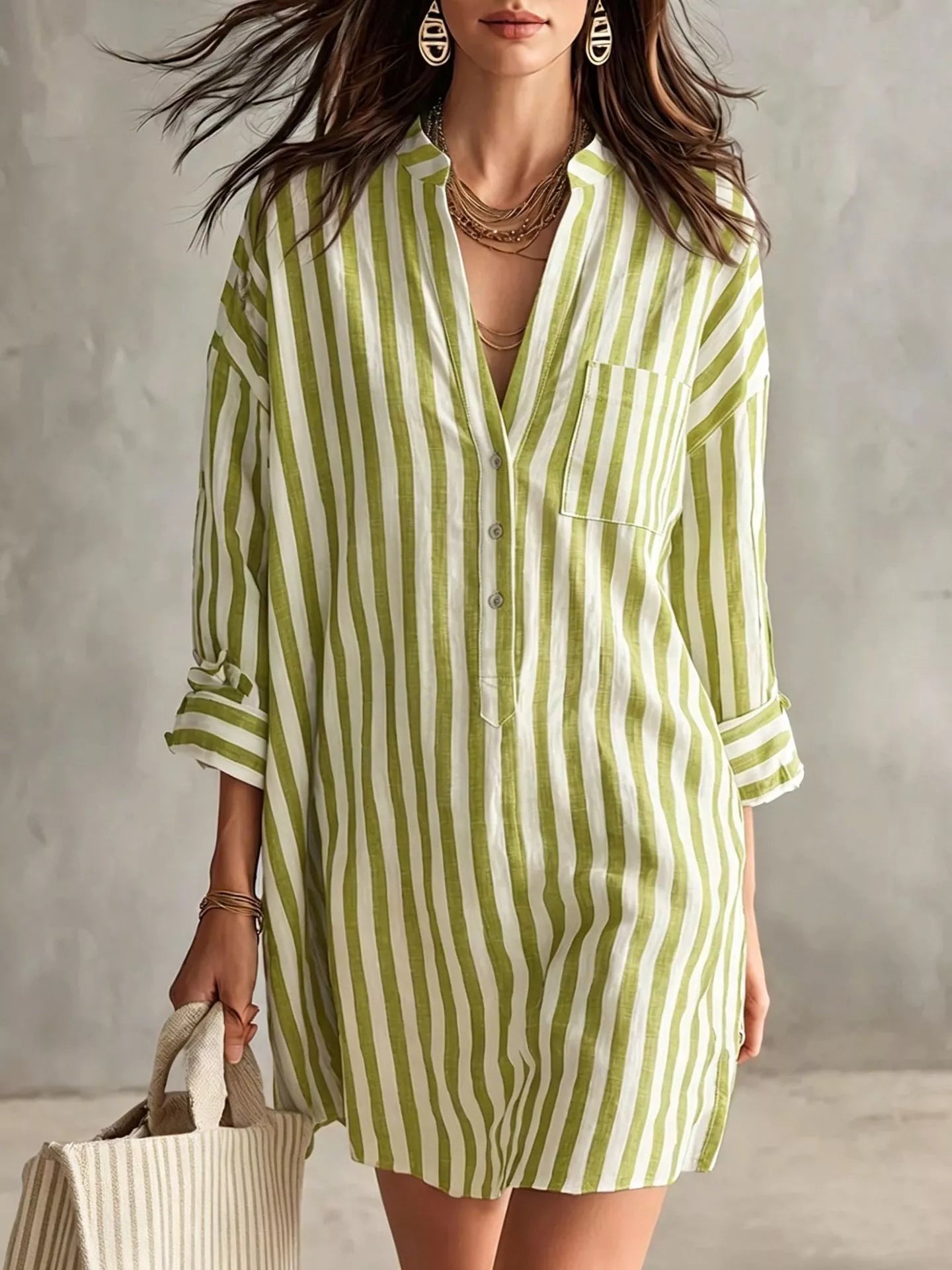 Plus-size blue and white striped shirt mini dress with button front, chest pocket, and rolled sleeves