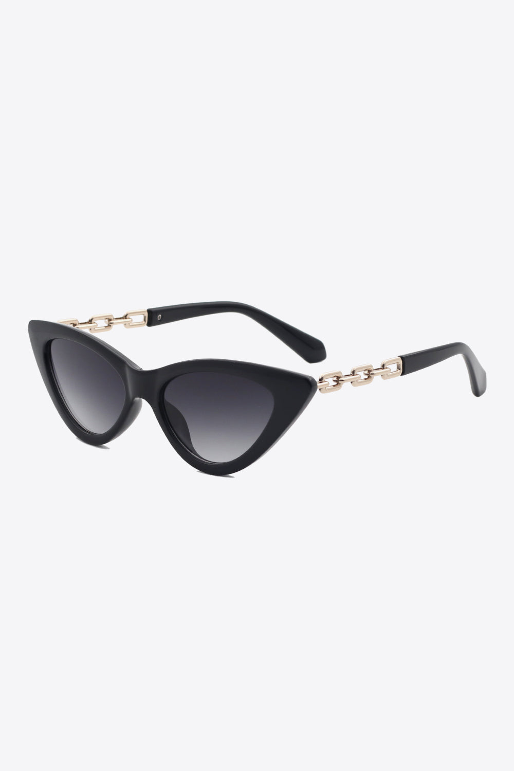 Black cat-eye sunglasses feature an upswept silhouette, dark gradient lenses, and gold-tone chain detailing along the temples.
