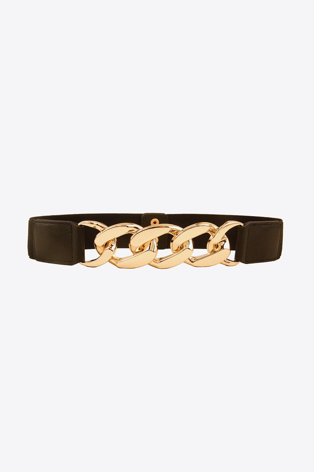 Black elastic waist belt with structured PU side panels and a bold polished gold-tone linked-chain centerpiece for a statement silhouette.