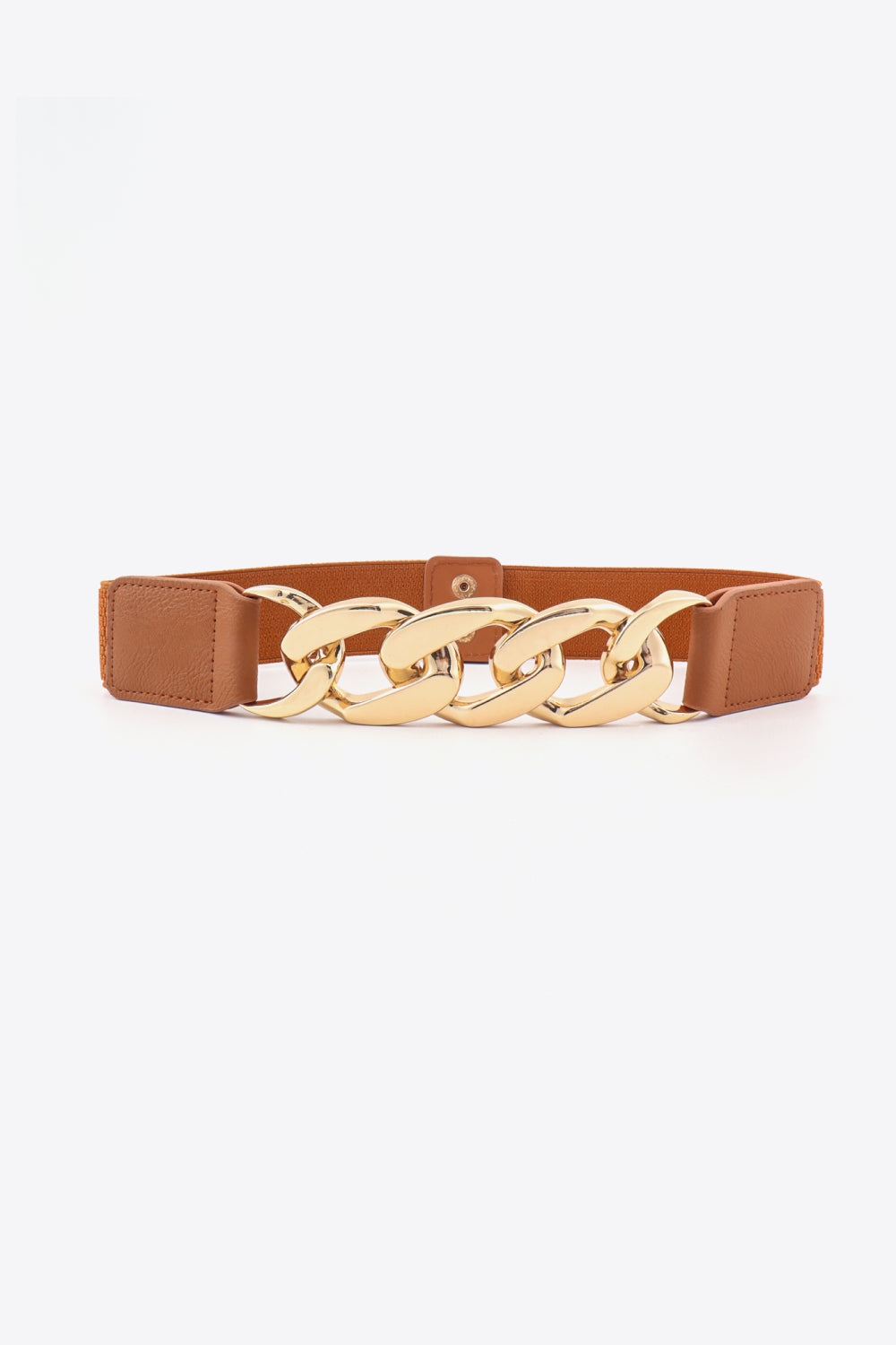 Brown elastic waist belt with structured PU sections and a bold gold linked-chain centerpiece, creating a polished statement silhouette.