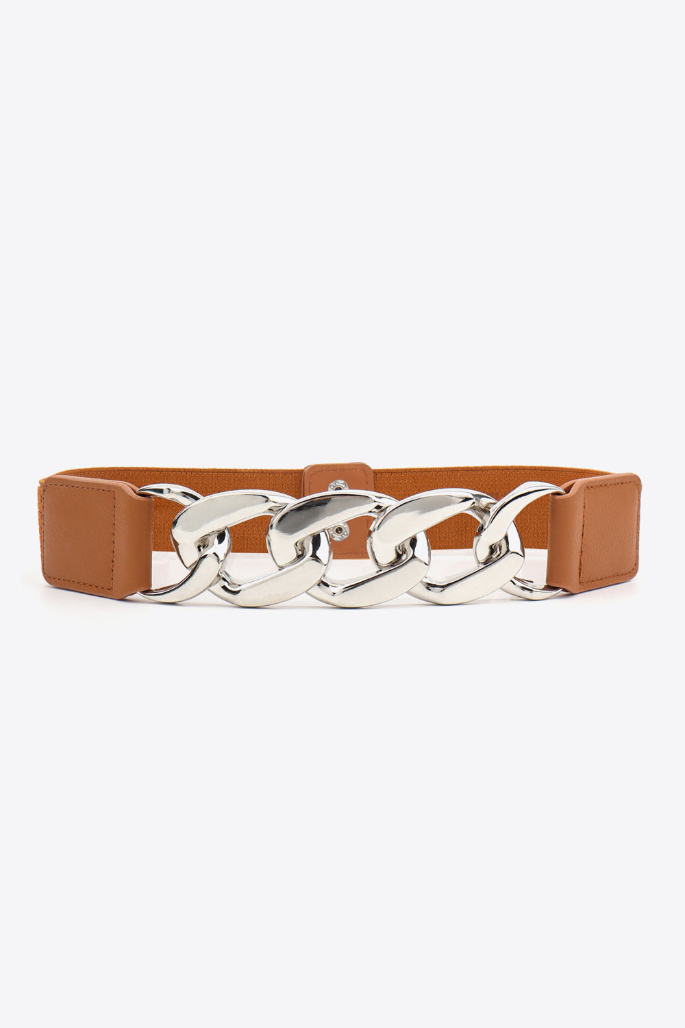 Brown elastic waist belt with structured PU end sections and a bold polished silver linked-chain centerpiece for a statement silhouette.