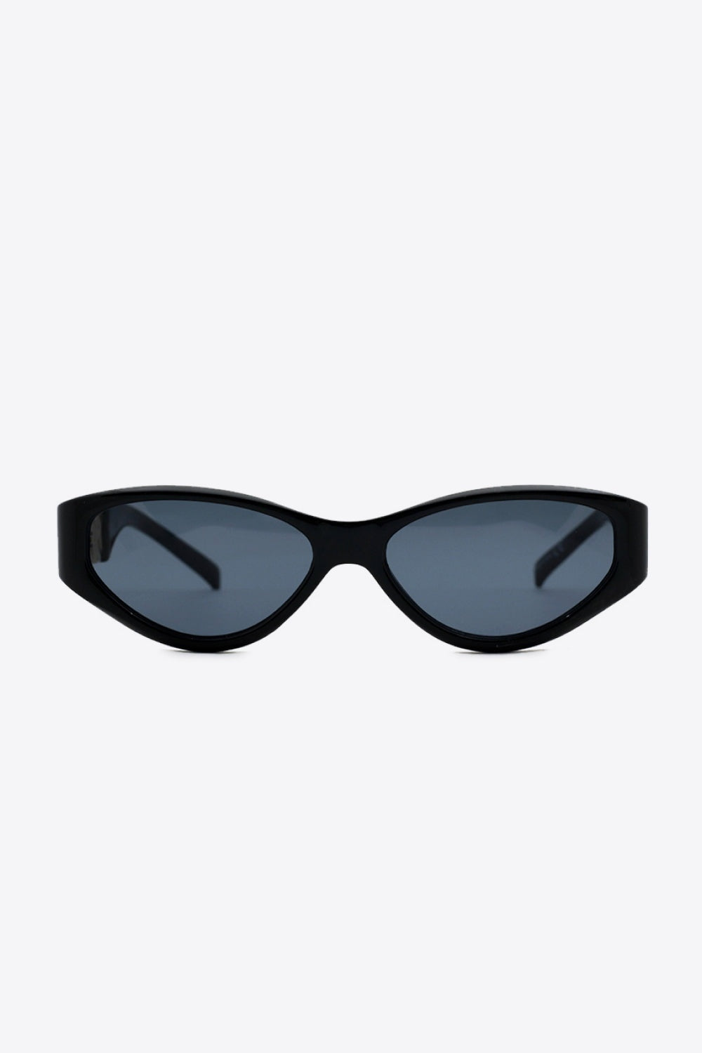 Black cat-eye sunglasses feature a glossy thick black frame, dark tinted lenses, and a sleek upswept silhouette with sturdy temple arms.