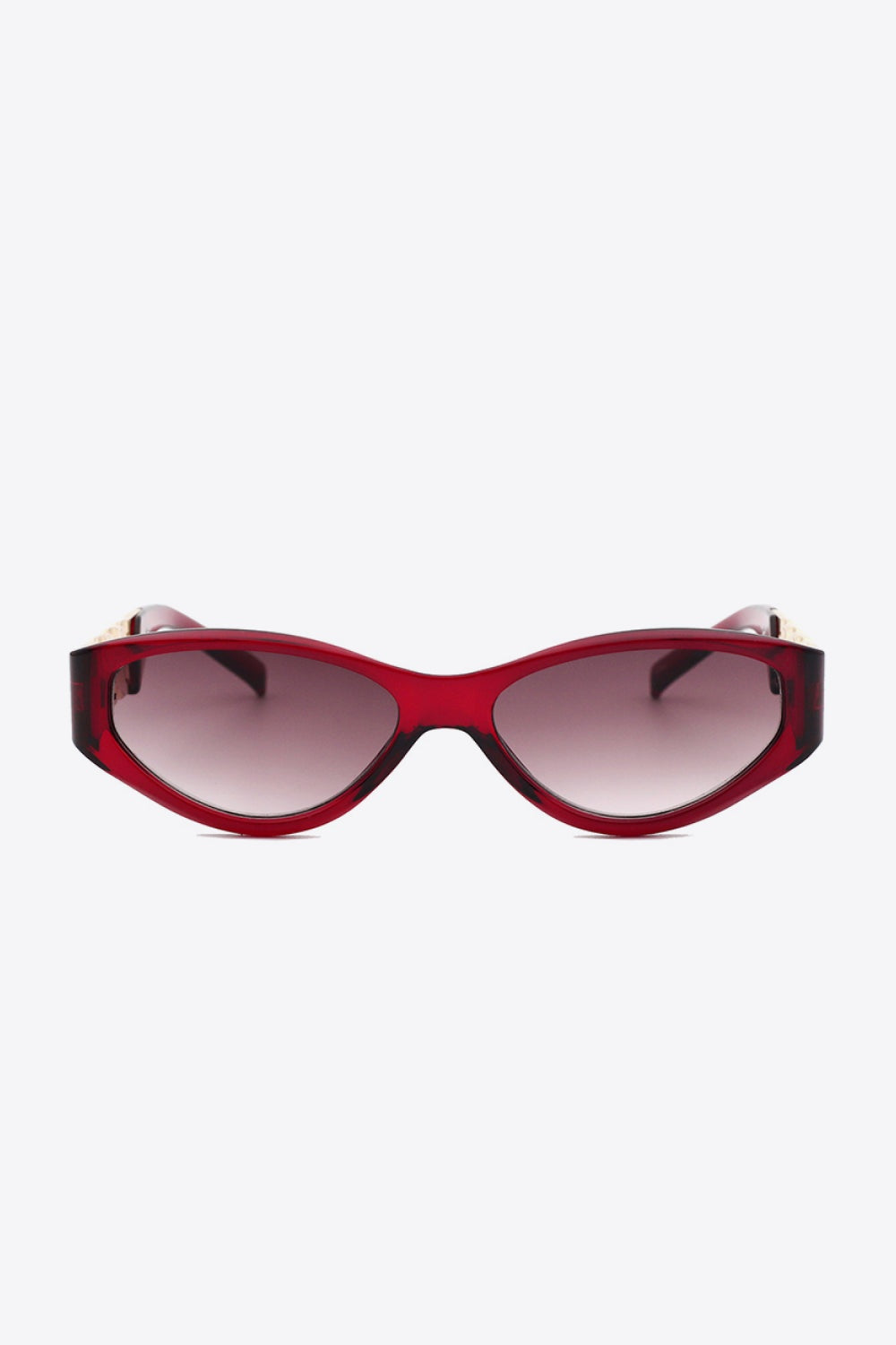 Red cat-eye sunglasses feature a bold upswept frame, gradient tinted lenses, and distinctive chain-inspired temple details with a polished finish.