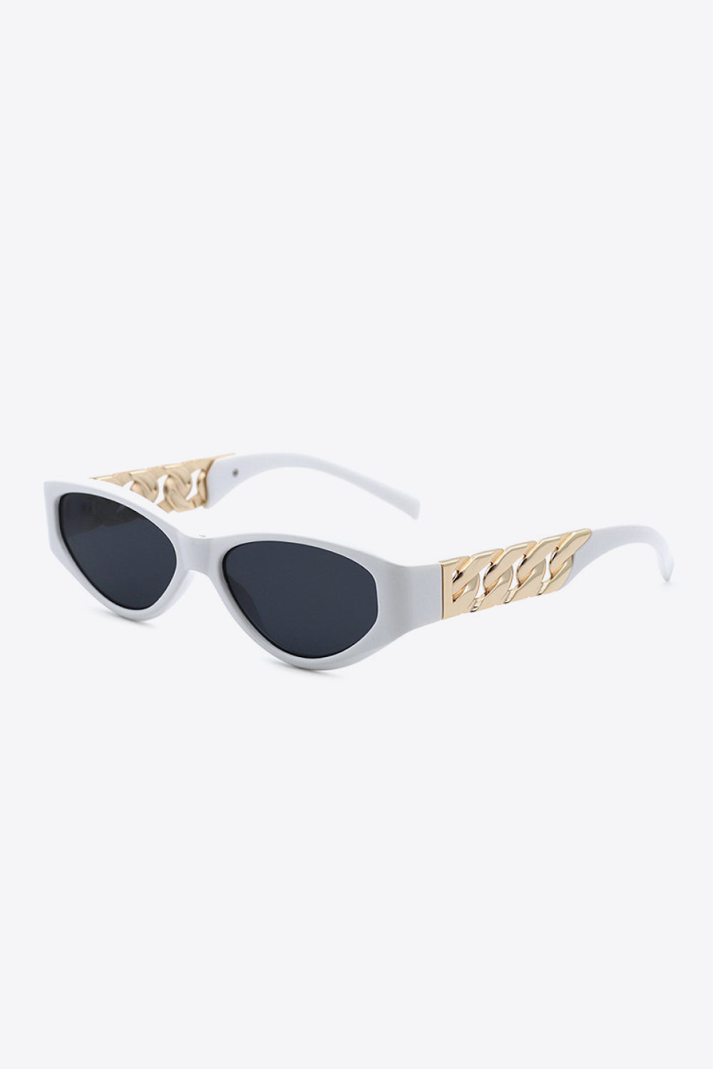 White cat-eye sunglasses feature a sleek upswept frame, dark lenses, and distinctive gold chain-inspired temple accents.