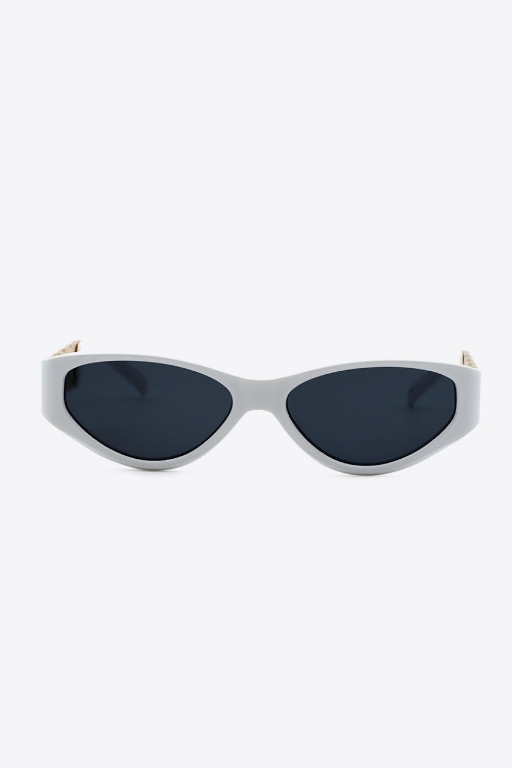 White cat-eye sunglasses feature a sleek upswept frame, dark acetate lenses, and gold-tone chain-inspired temple accents for a vintage-inspired look.