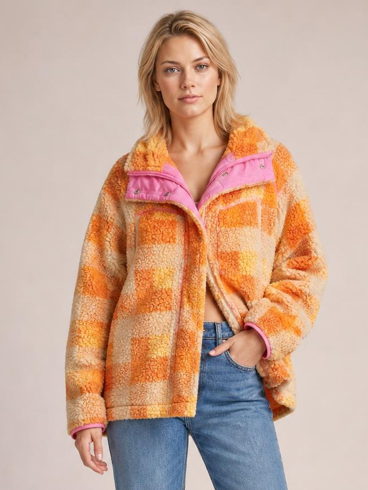 A model wears an orange and cream checkered sherpa hooded jacket with long sleeves, pink trim, an open front, and a relaxed silhouette, posing with one hand in a pocket.