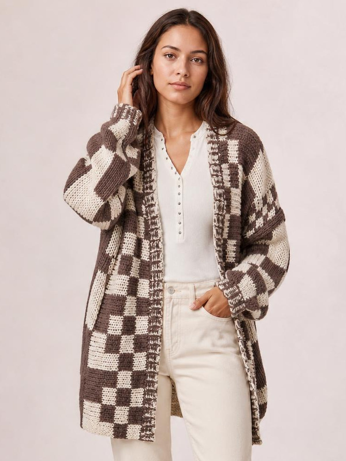 Checkered Open Front Long Sleeve Cardigan · Rule Full Body - Medium / Three-Quarter