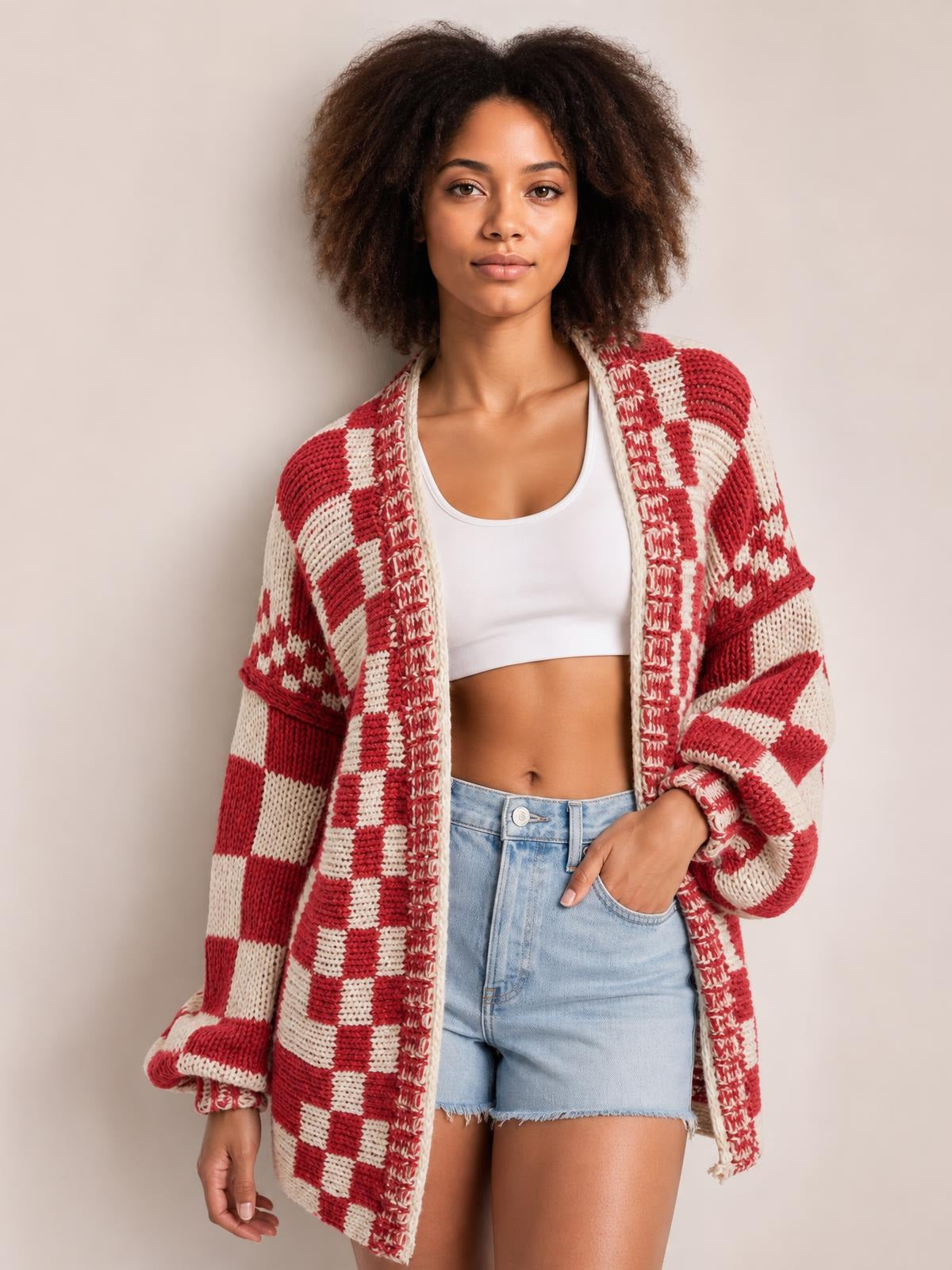 Checkered Open Front Long Sleeve Cardigan · Rule Crop - Torso / Waist Up - Studio Prop Pose