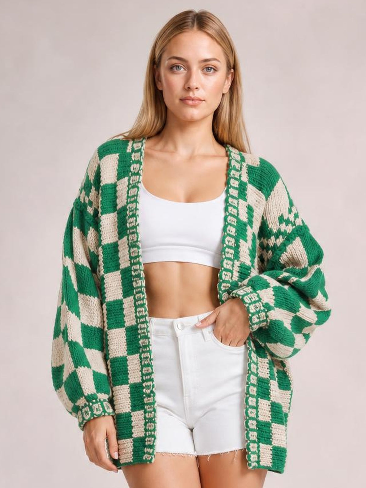 Checkered Open Front Long Sleeve Cardigan · Rule Full Body - Hero Full Body
