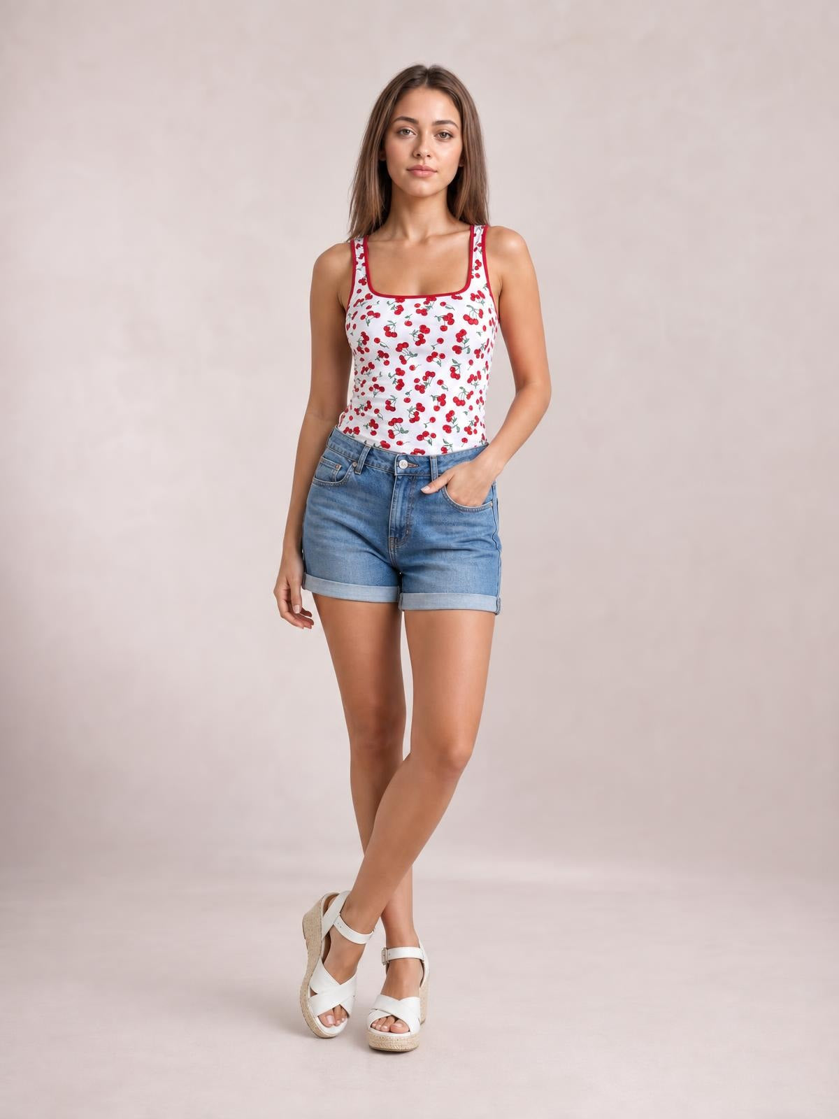 Model poses in a white cherry print tank with a square neckline, wide shoulder straps, and a fitted silhouette.