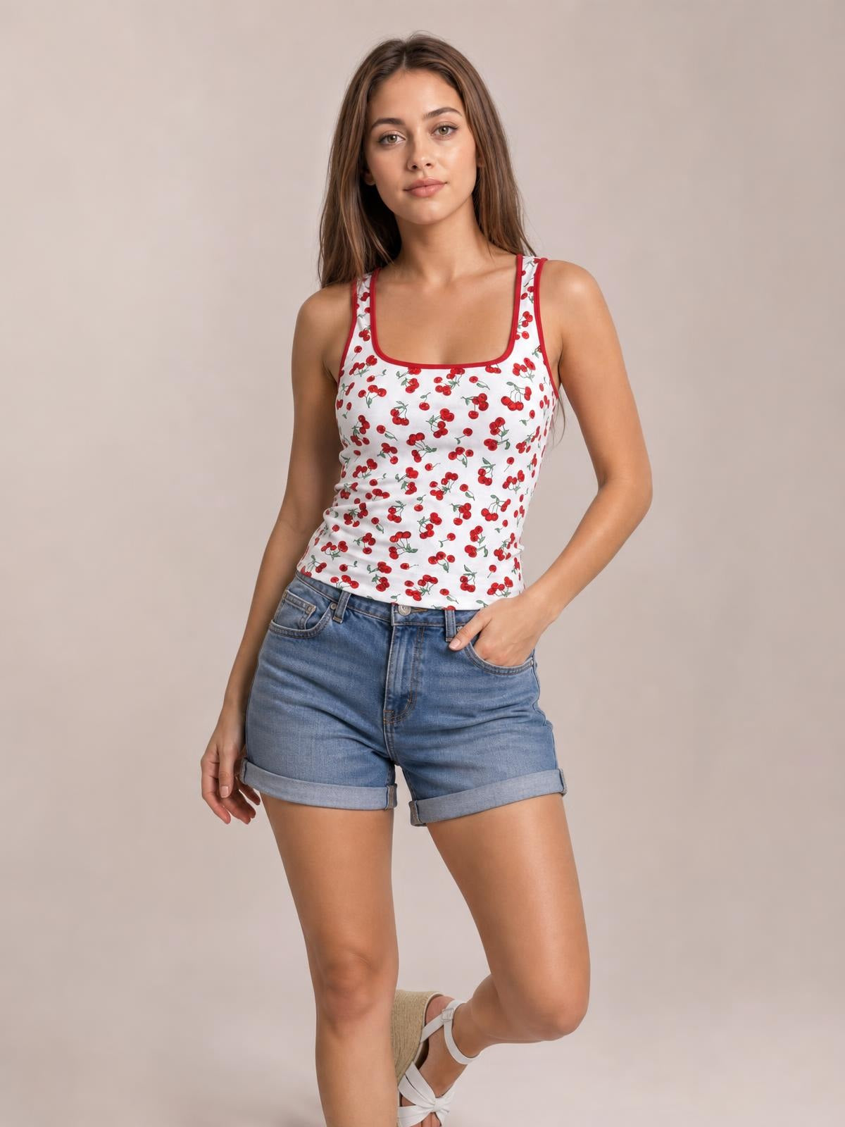Model wears a fitted white cherry print tank with a square neckline, red trim, and shoulder straps, posing with one hand in her shorts pocket.