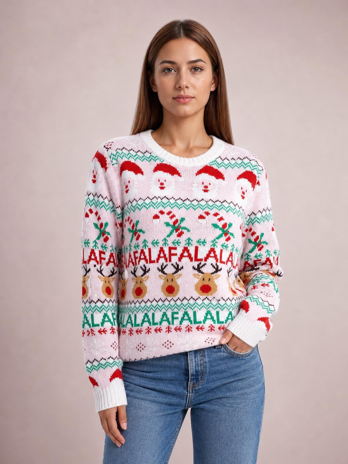 Woman wearing a pink Christmas sweater with a round neck, long sleeves, ribbed cuffs, and festive Santa, reindeer, and holiday pattern.