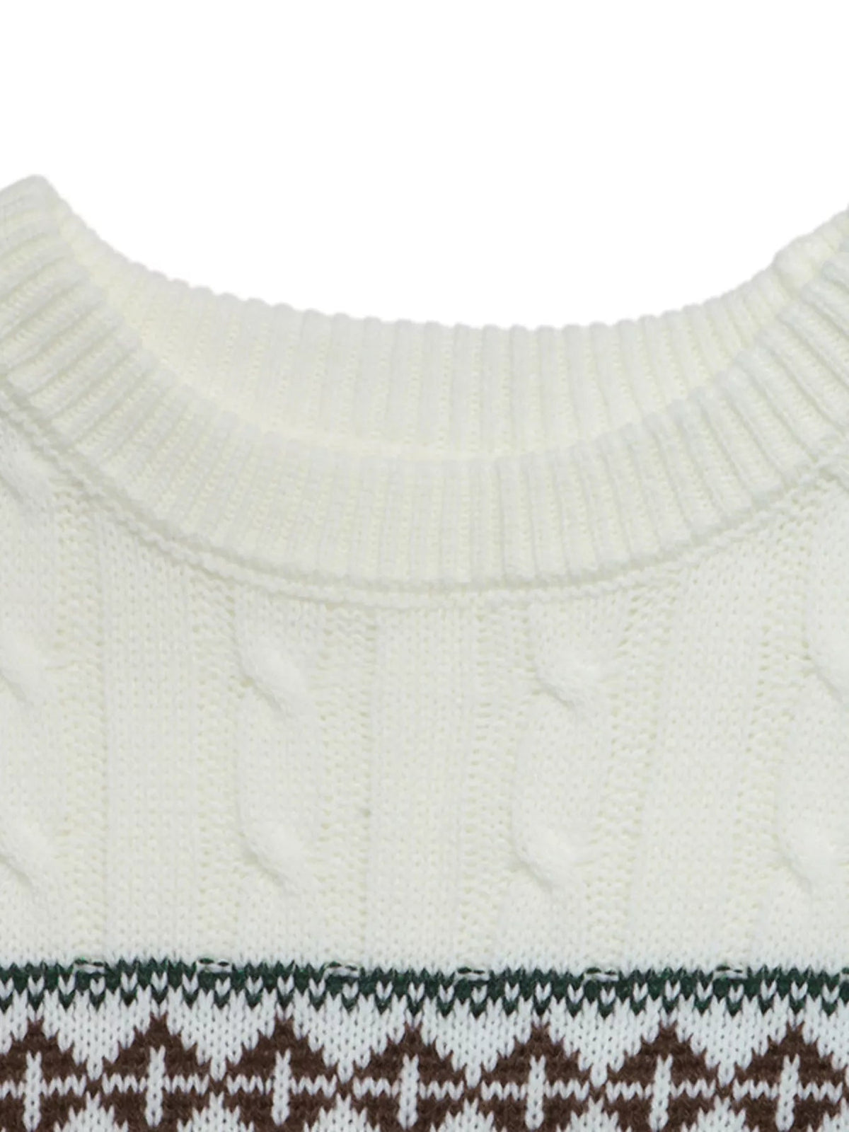 Close-up of a cream cable-knit sweater showing its ribbed crew neckline and dark brown and green patterned trim along the lower section.