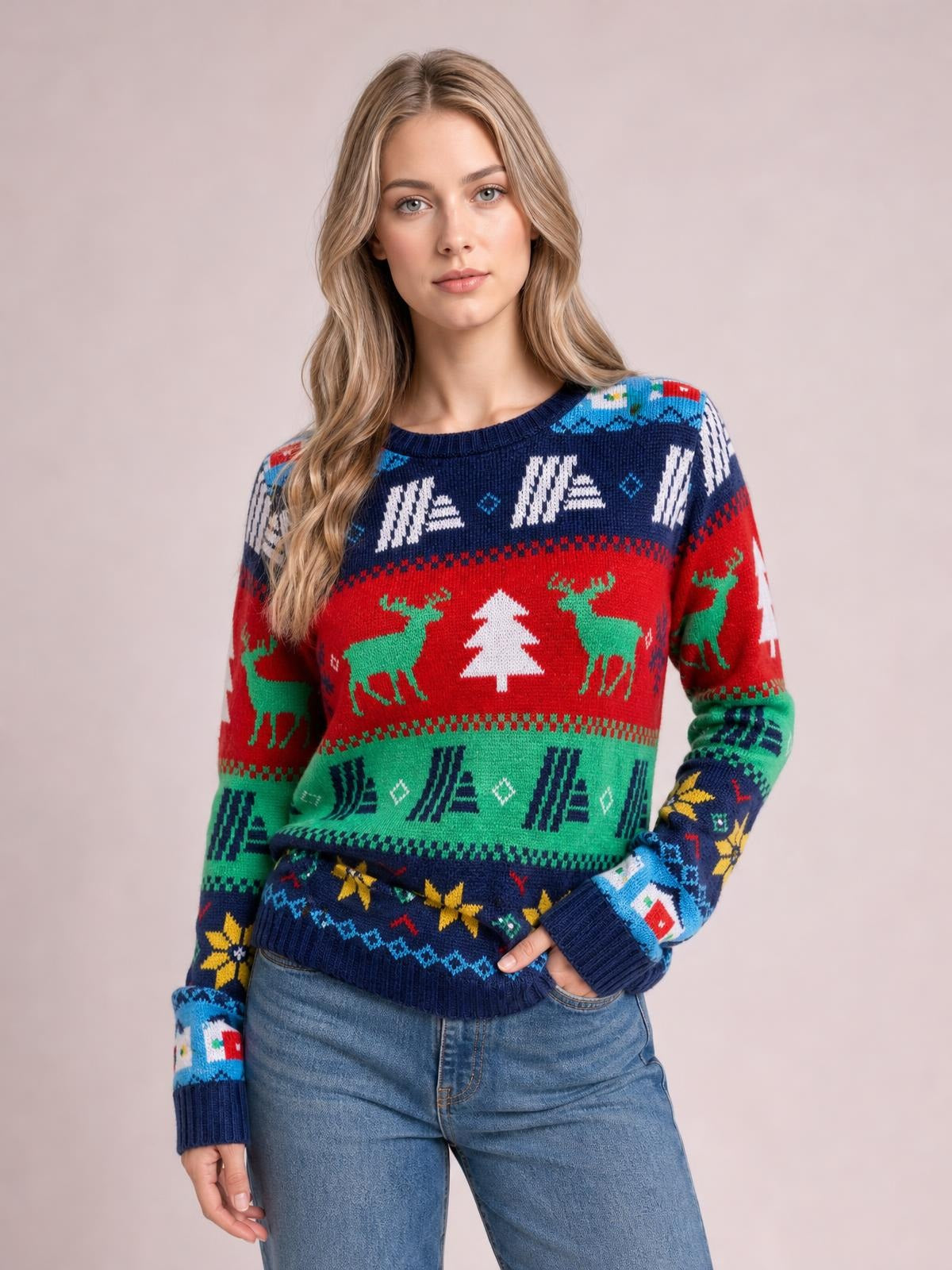 Model poses with one hand in her jeans pocket wearing a colorful Christmas round neck sweater with a relaxed silhouette, ribbed cuffs and hem, and festive reindeer and tree patterns.