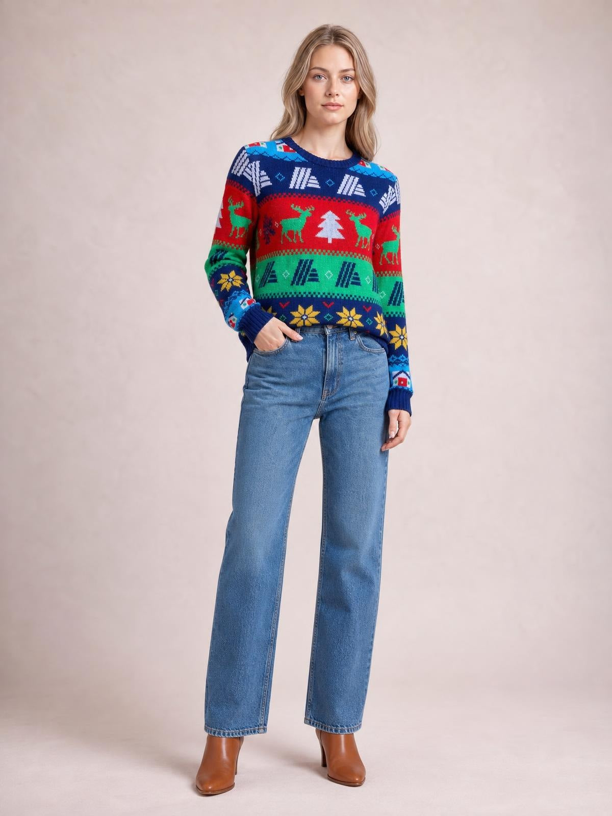 A model stands with one hand in her jeans pocket wearing a relaxed Christmas round neck sweater with colorful knit bands, reindeer, trees, and ribbed cuffs.