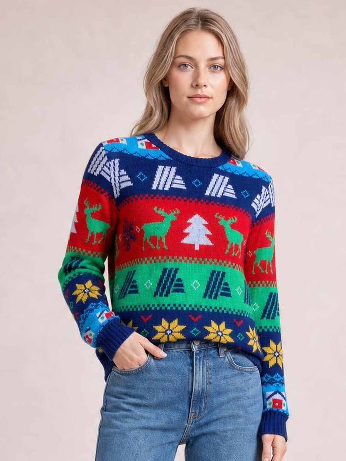 Model wearing a colorful Christmas round neck sweater with a relaxed silhouette, long sleeves, ribbed cuffs and hem, and festive reindeer, tree, and floral patterns.
