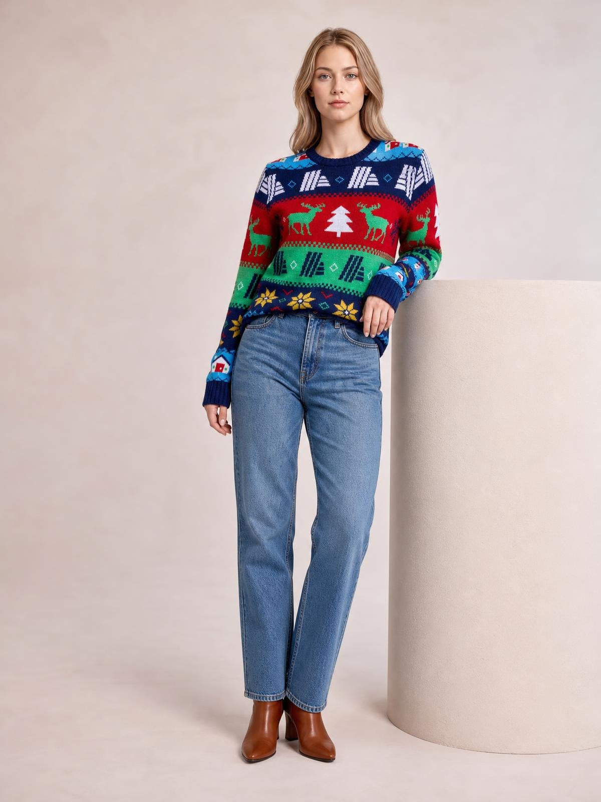 Model wears a colorful Christmas round neck sweater with festive reindeer and tree patterns, ribbed cuffs and hem, and a relaxed silhouette with one hand on her hip.