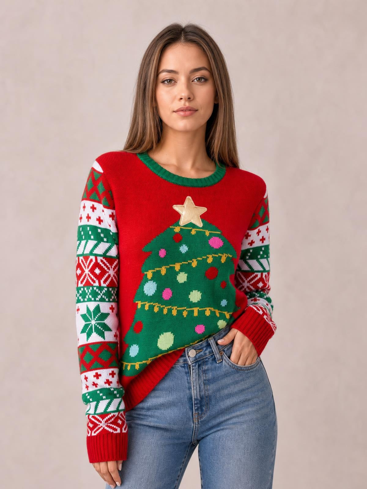 Model wearing a red Christmas tree graphic round neck sweater with green trim, patterned long sleeves, ribbed cuffs, and a relaxed silhouette.