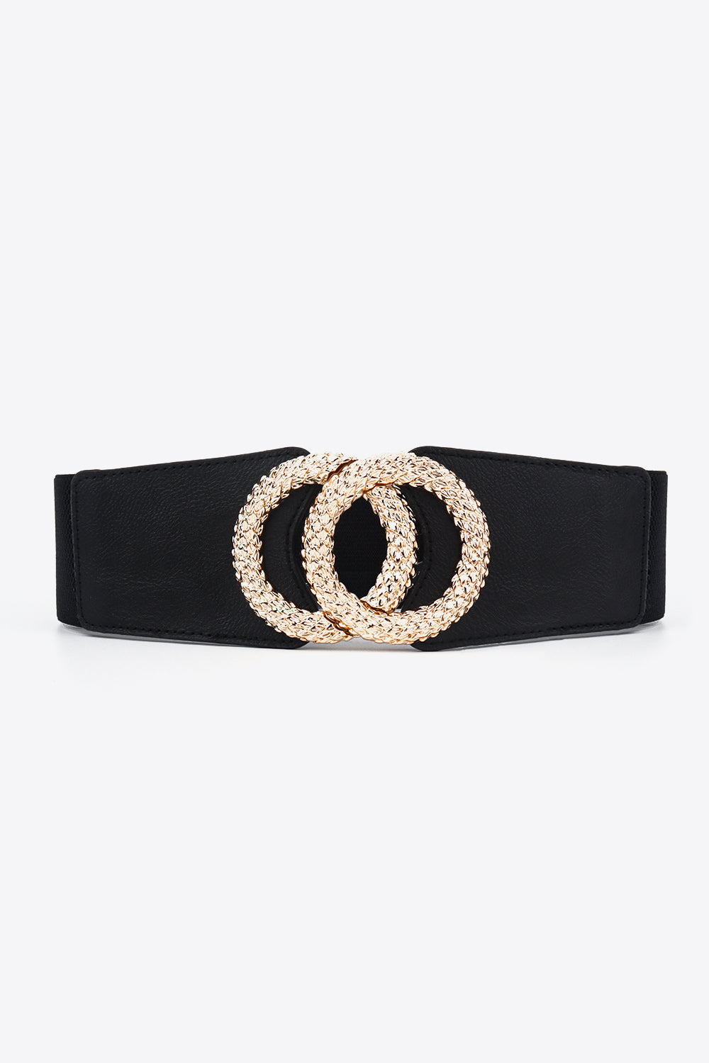 Black wide PU elastic belt with a sleek waist-defining silhouette, stitched edges, and a textured metallic double-circle buckle.