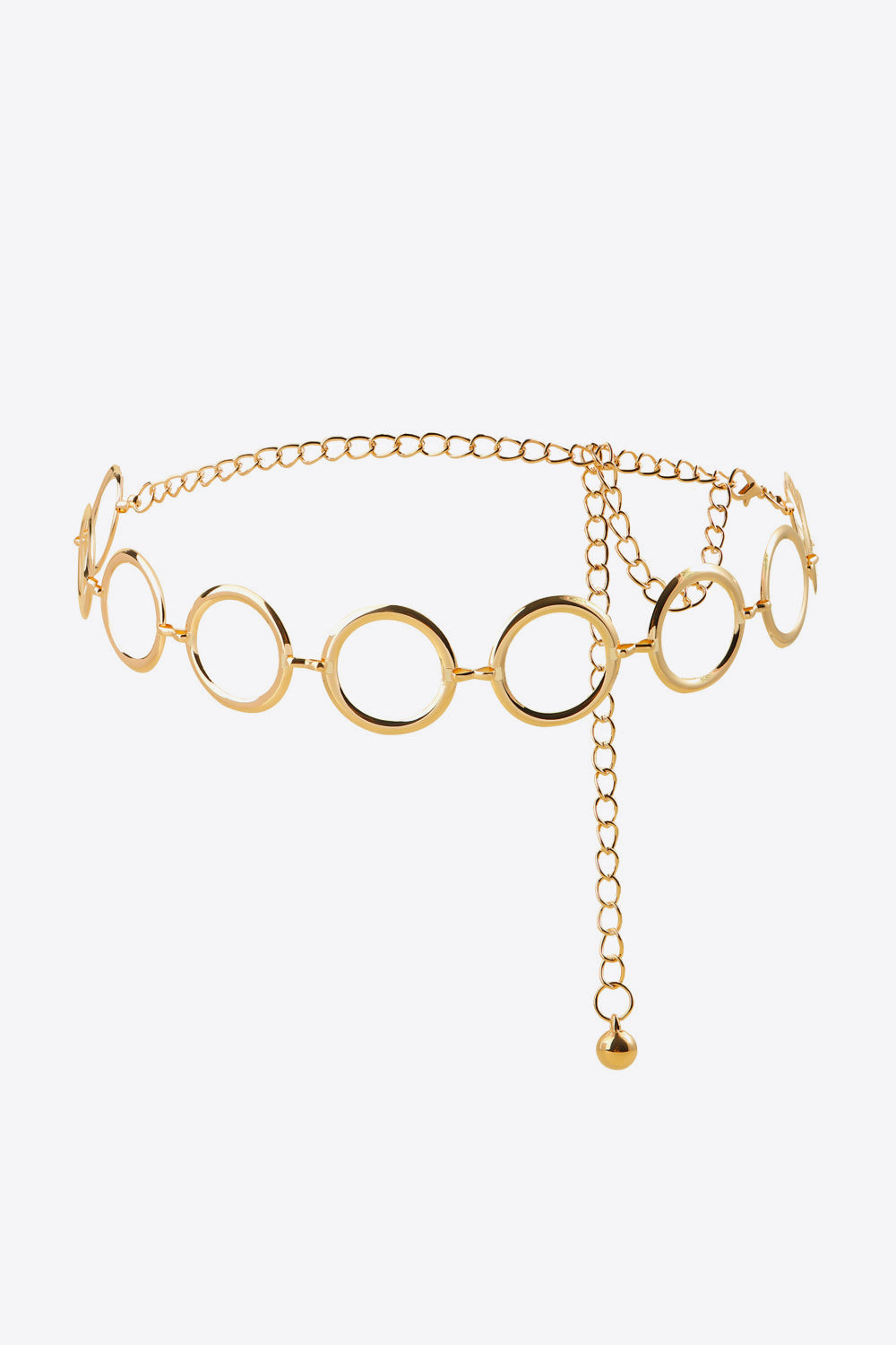 Gold Circle Ring Chain Belt featuring linked open-circle motifs, a slim chain, and a trailing end with a rounded accent for sculptural waist definition.