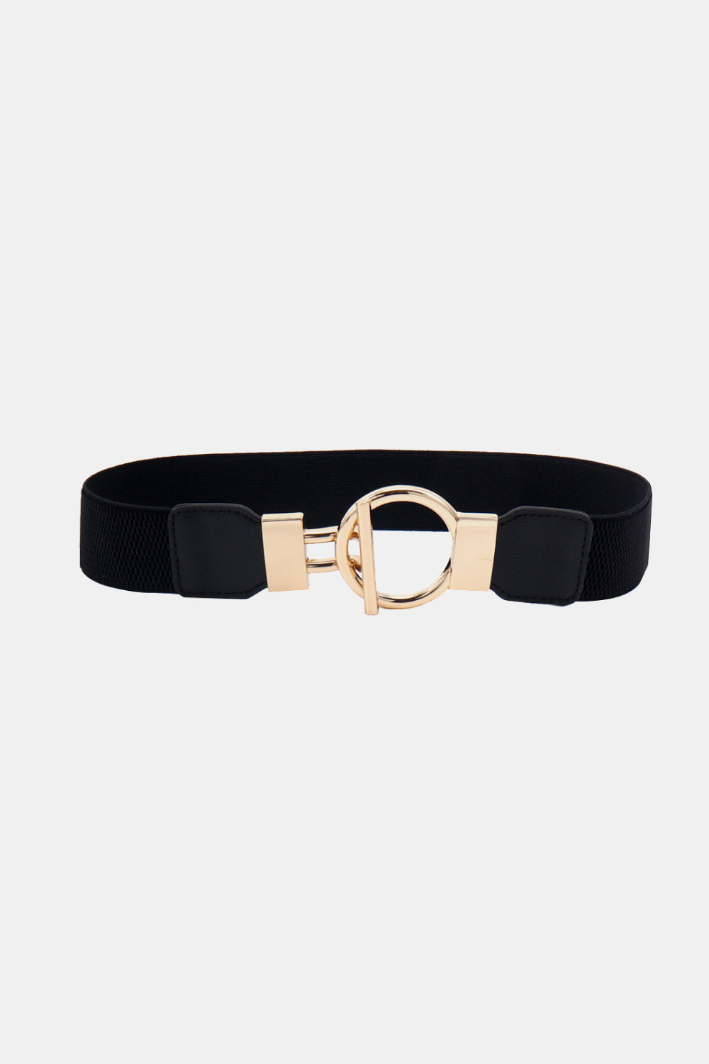 A black PU leather belt with a wide streamlined band, reinforced ends, and a prominent circular gold-tone zinc alloy buckle.
