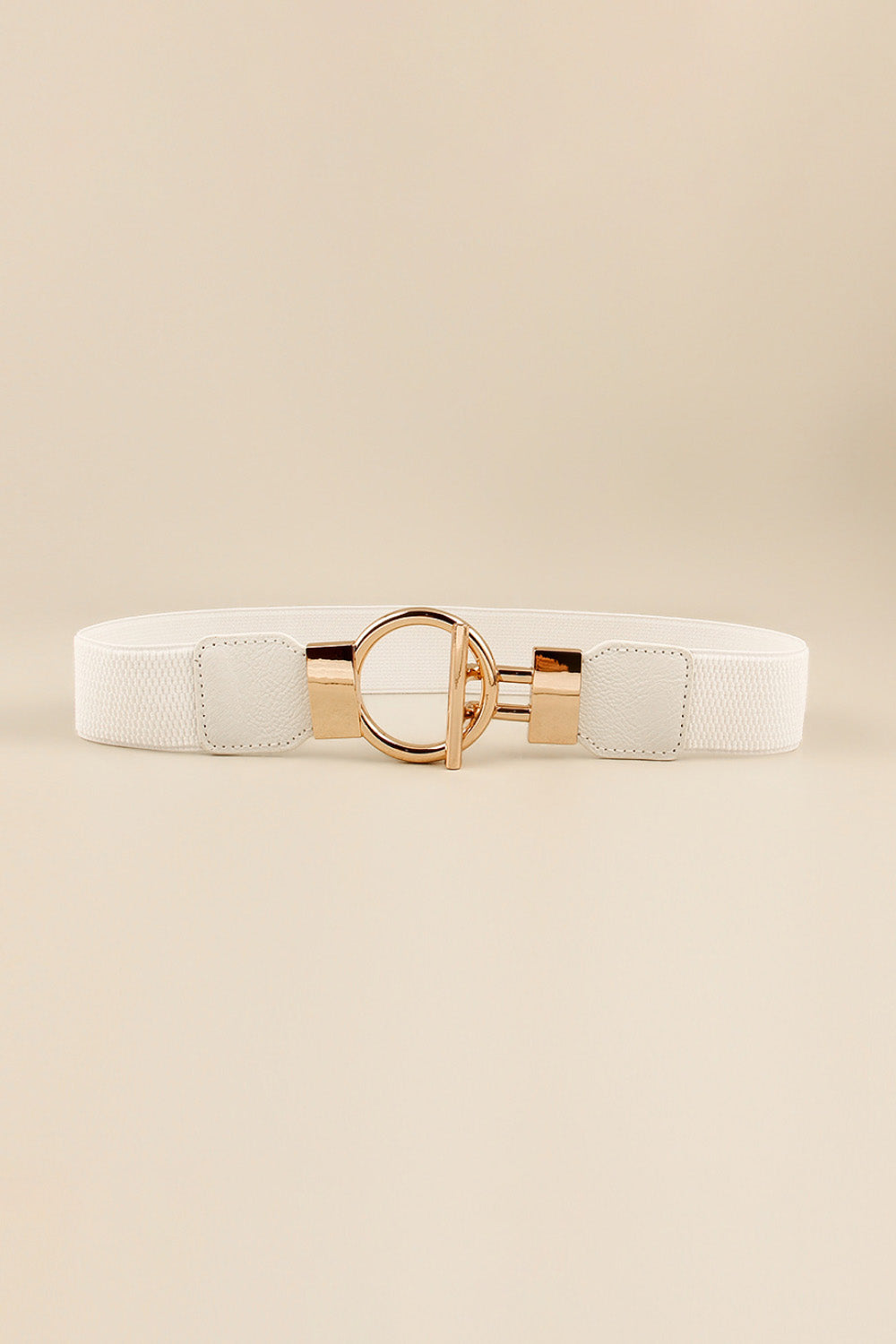 A white PU leather belt with a textured band, stitched end panels, and a polished gold-tone circular zinc alloy buckle.