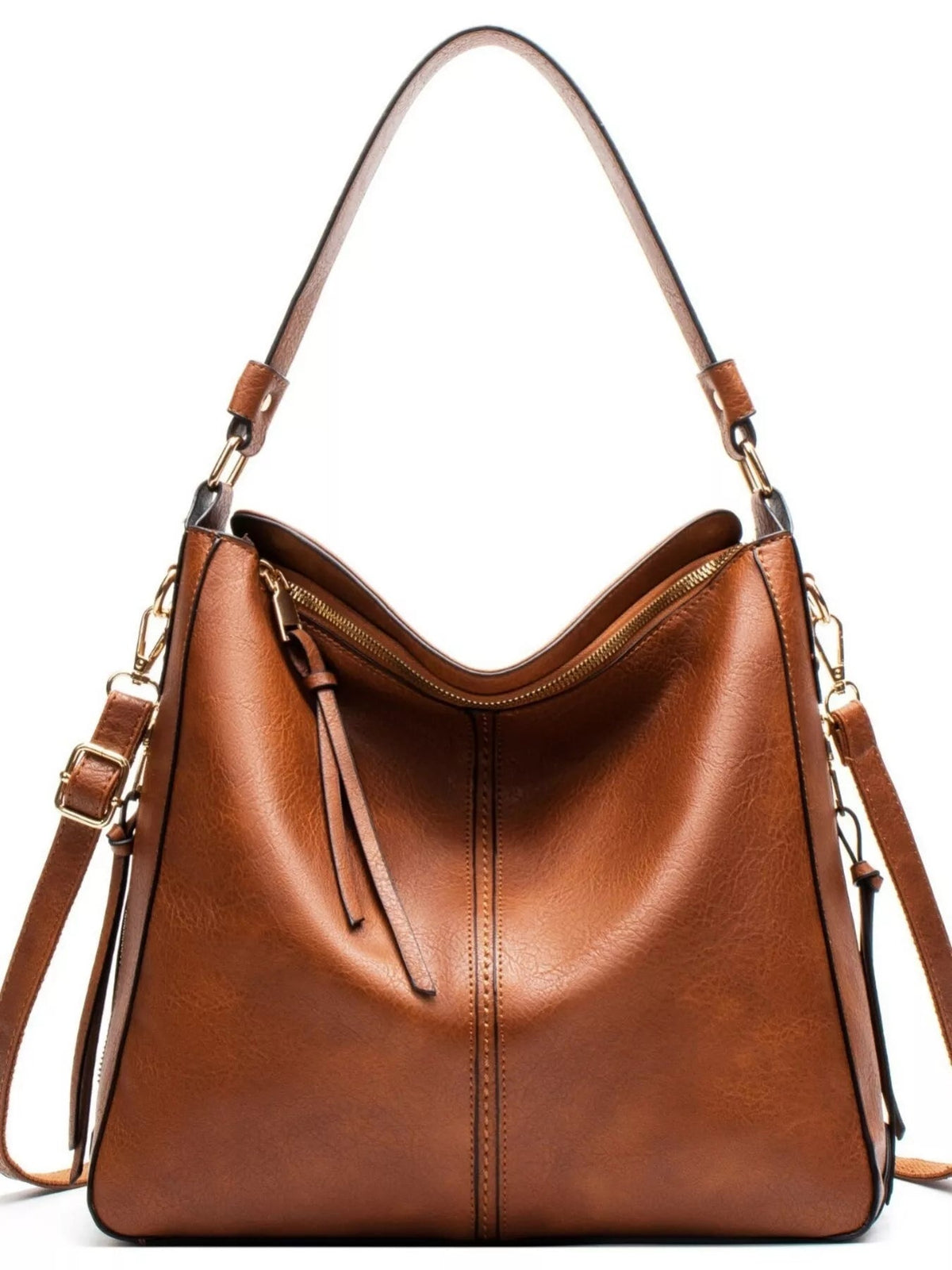 Medium classic brown PU leather tote bag with a structured silhouette, top zipper, long shoulder handle, detachable straps, and center seam detailing.