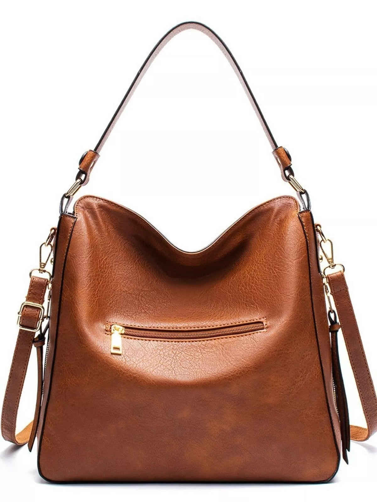 Medium brown PU leather tote bag with a slouchy silhouette, long shoulder strap, gold-tone hardware, and a front zip pocket.