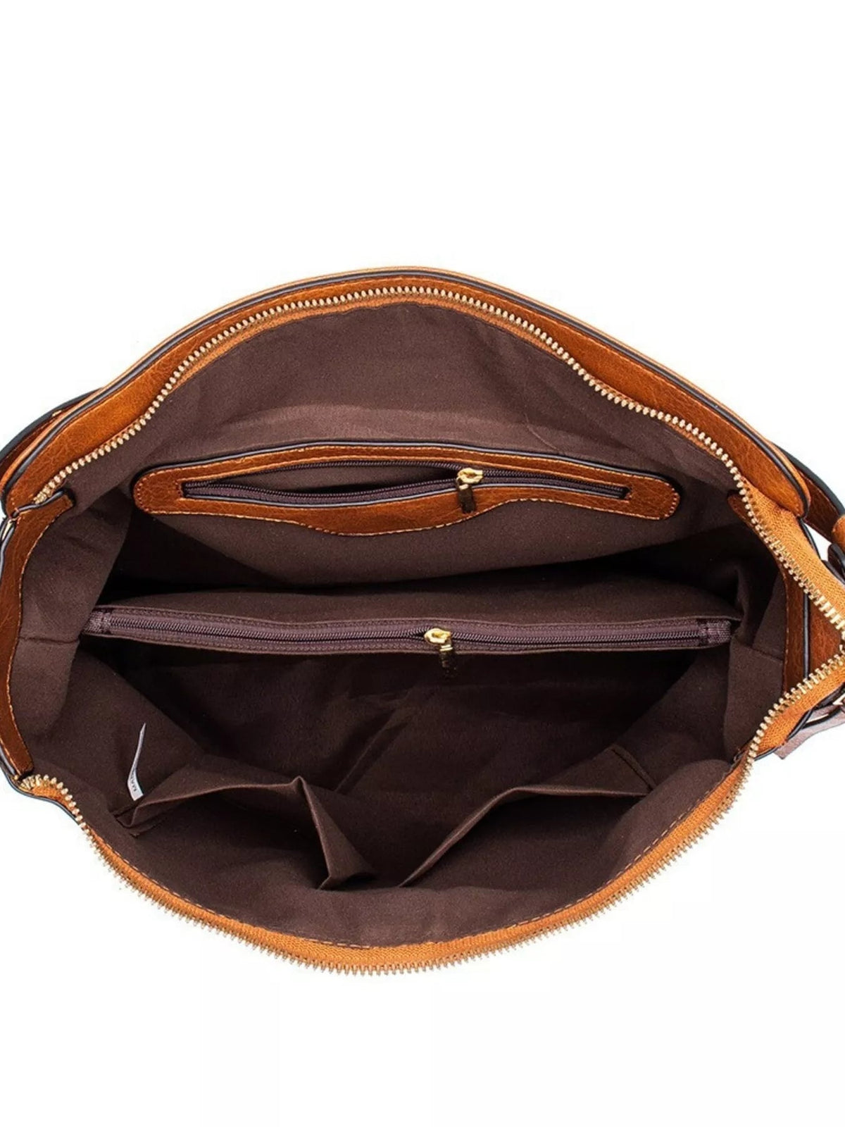 Open medium brown PU leather tote bag showing a spacious dark lining, multiple compartments, and interior zippered pockets.