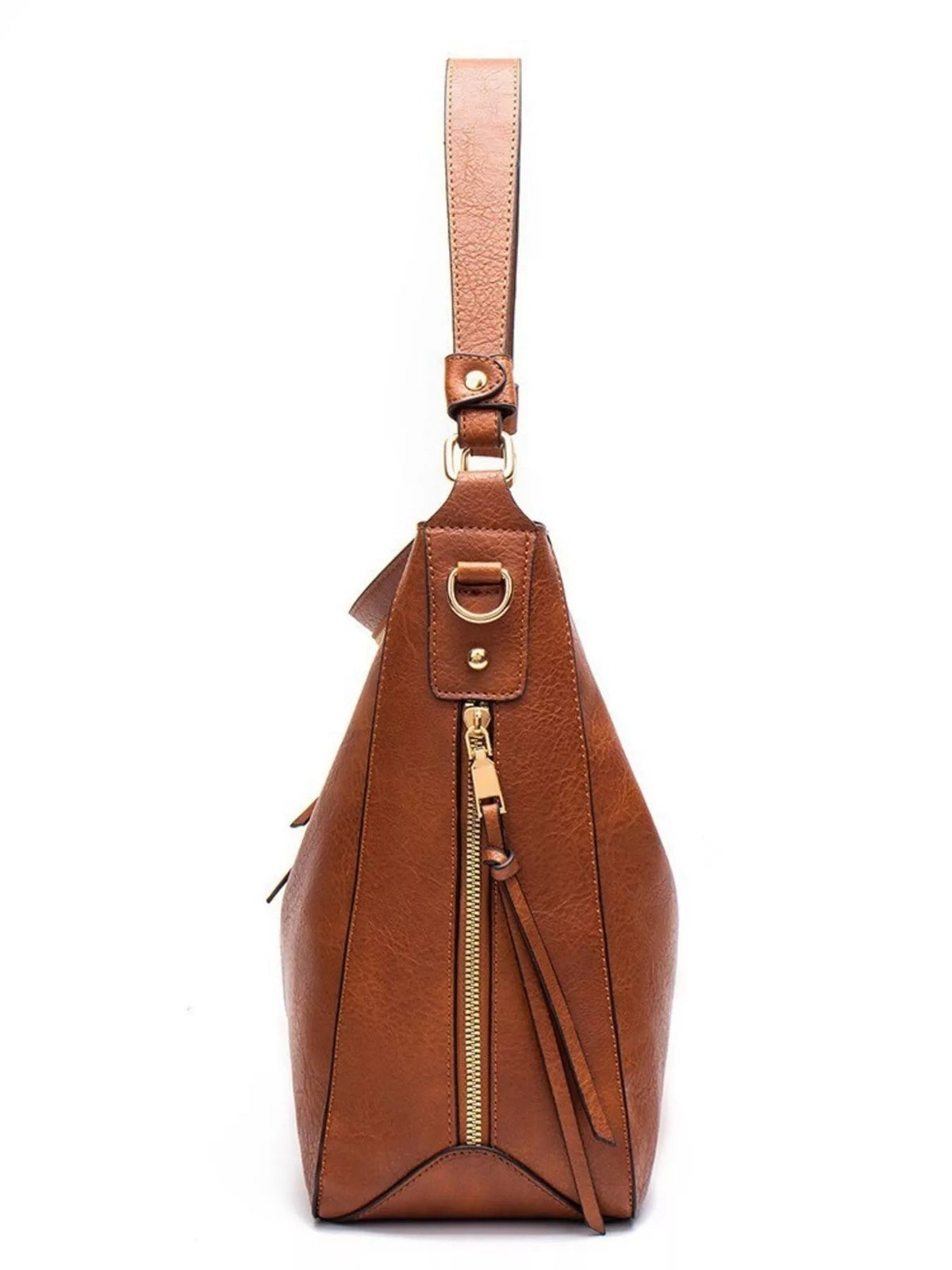 Medium brown PU leather tote bag with a structured silhouette, long adjustable strap, central zip closure, stitched panels, and gold-tone hardware.