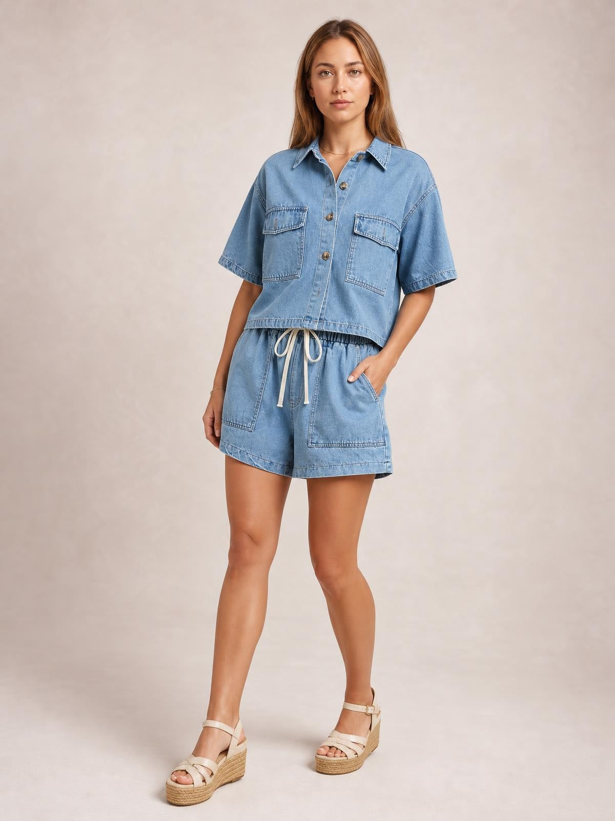 A model wears a light blue denim set with a collared button-up top, short sleeves and chest pockets, paired with drawstring shorts and one hand in a pocket.