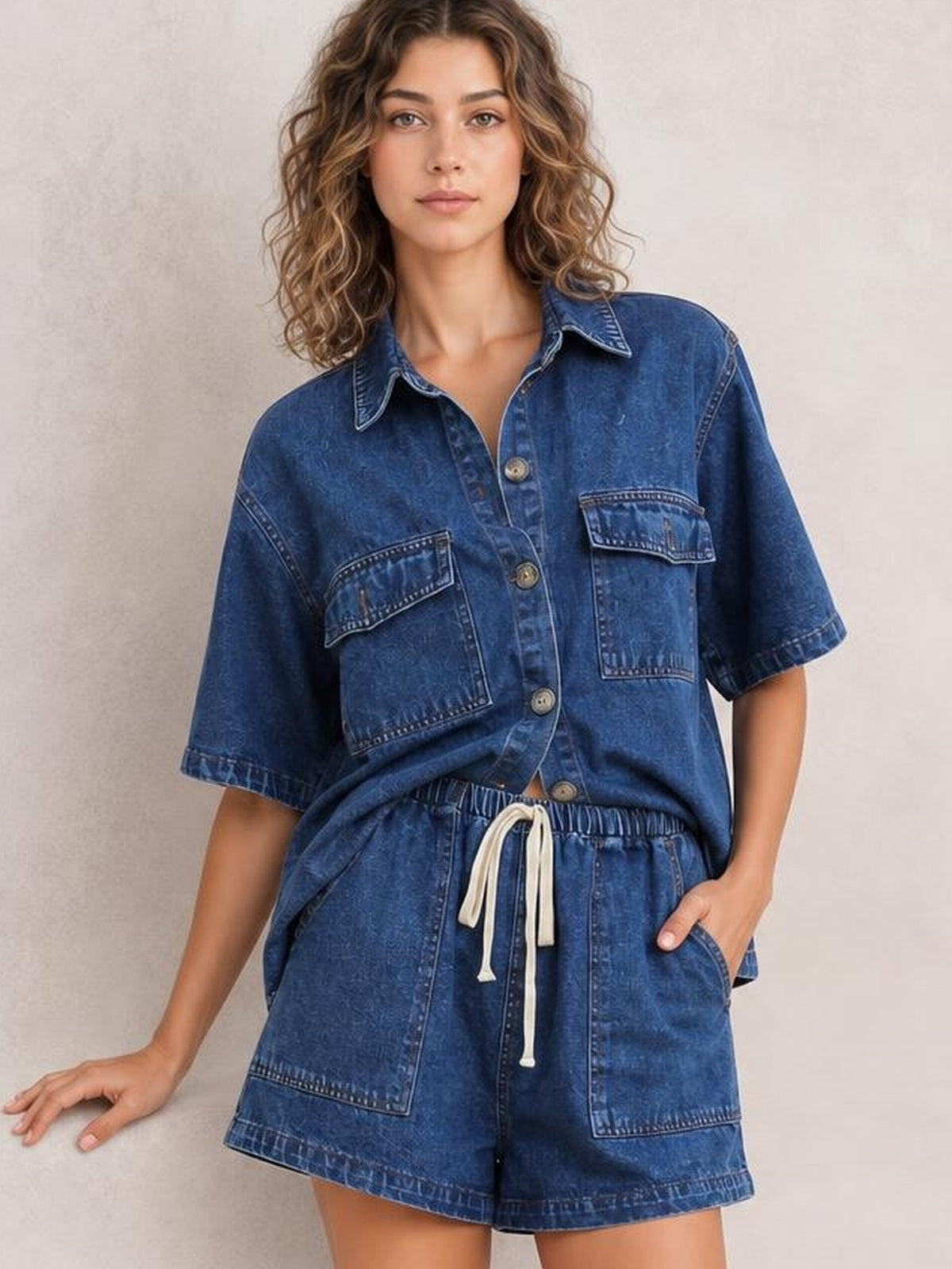 A model poses in a blue denim set with a collared button-up top, short sleeves and chest pockets, paired with relaxed shorts featuring an elastic drawstring waist.