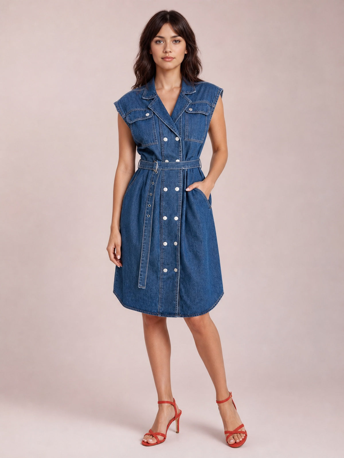 Model poses in a blue denim dress with a collared neckline, cap sleeves, belted waist, button-front construction, flap pockets, and a curved midi hem.