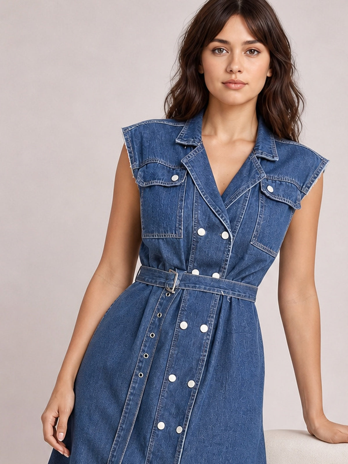 Model wearing a blue collared neck cap sleeve denim dress with a belted waist, button-front construction, utility pockets, visible seaming, and a softly flared silhouette.