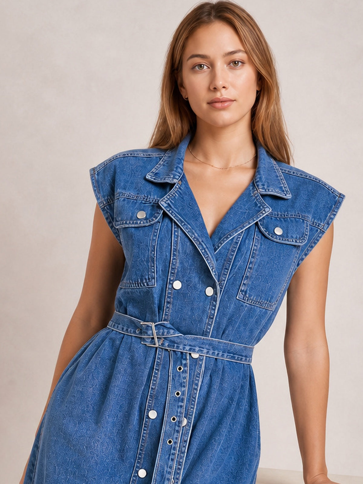 A model stands in a blue denim dress with a collared neckline, cap sleeves, button-front construction, flap pockets, visible seaming, and a belted, flared silhouette.