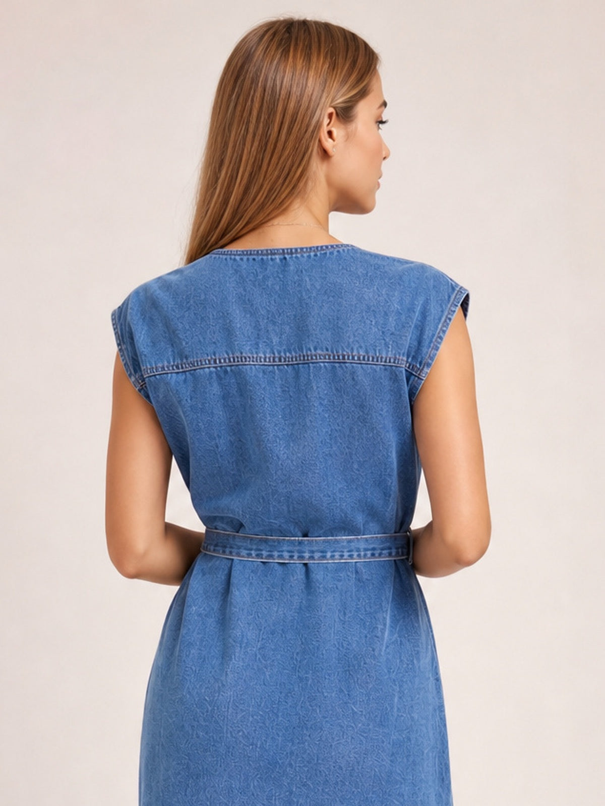 Model shown from the back wearing a blue denim dress with cap sleeves, a belted waist, visible yoke seaming, and a relaxed straight silhouette.