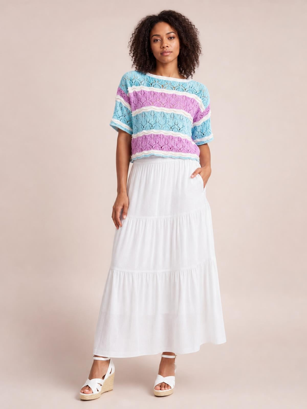 Model wearing a lightweight color block openwork sweater with short half sleeves, aqua, lavender, and white horizontal stripes, and a relaxed silhouette.