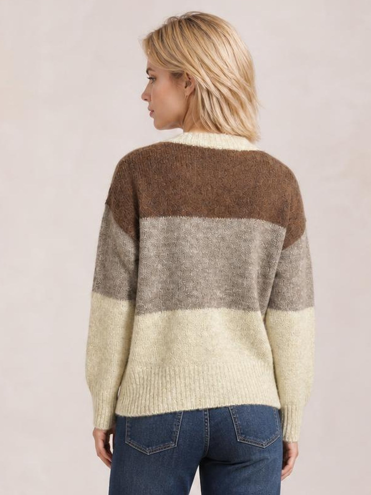 A model shown from behind wears a color block round neck cardigan in brown, taupe, and cream with long sleeves and a ribbed hem.