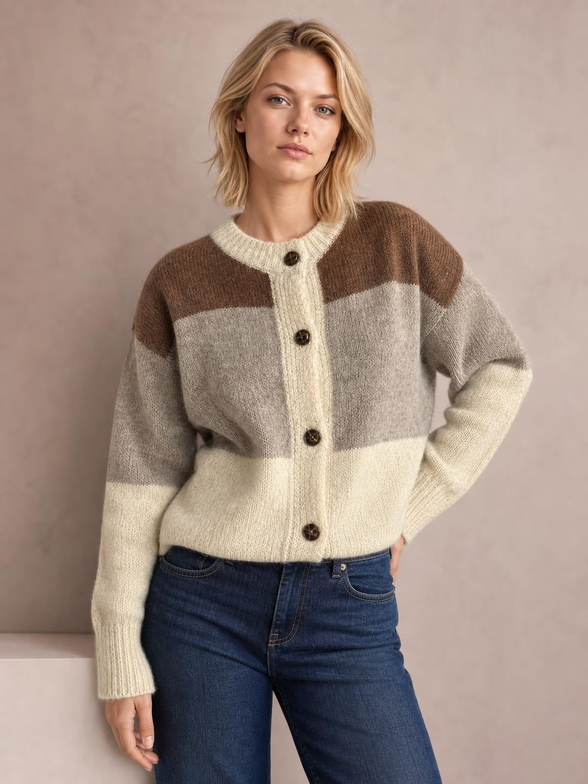 Model poses in a color block round neck cardigan with brown, gray, and cream sections, a button front, ribbed trim, and a relaxed silhouette.