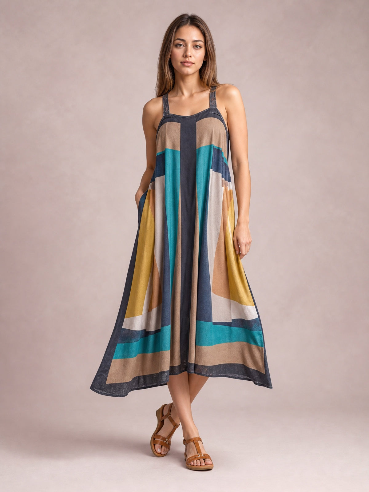 Model poses in a flowing color-block midi dress with a square neckline, wide straps, and a softly flared silhouette in brown, teal, navy, cream, and gold.