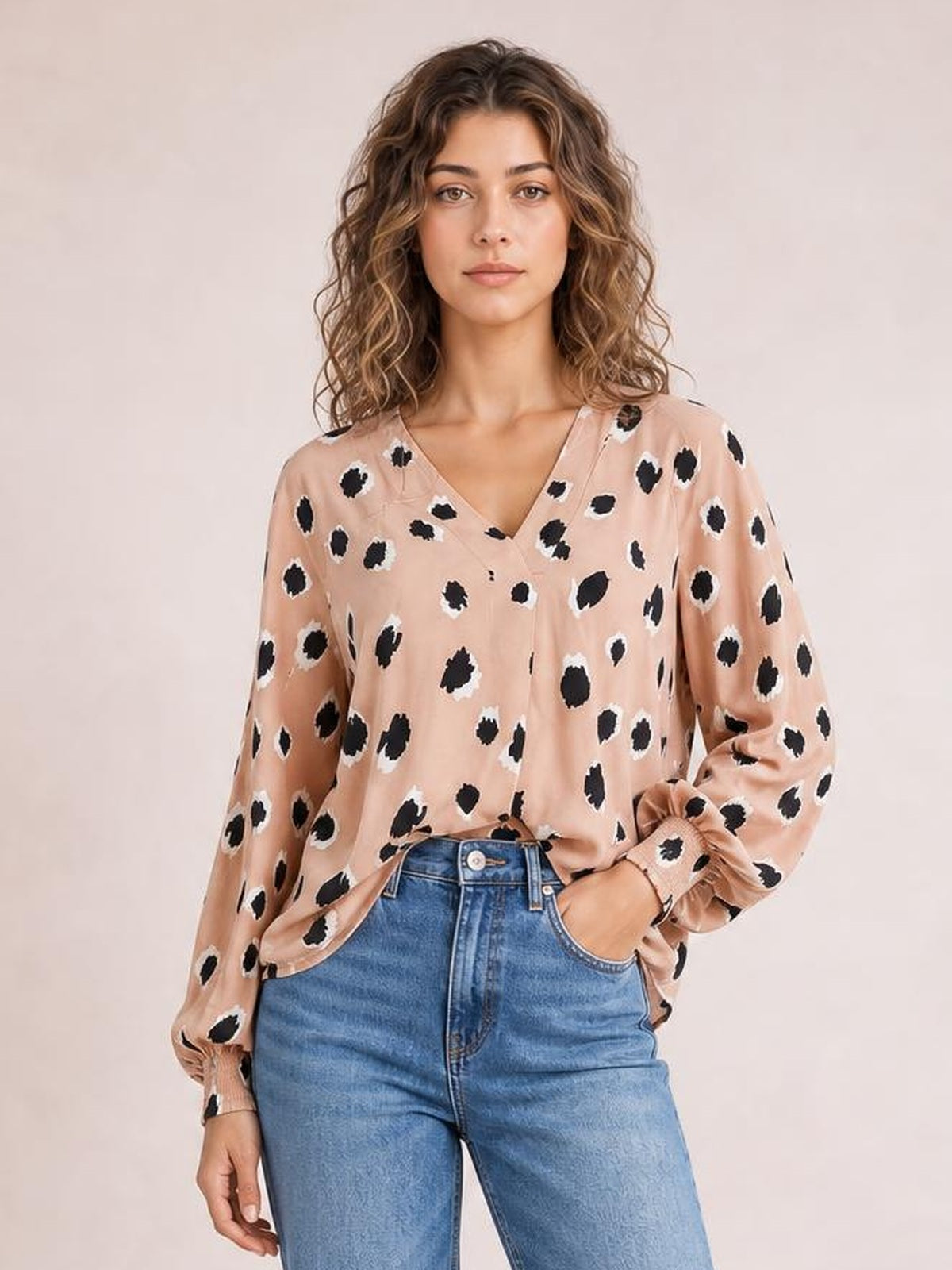Contrast Animal Print V-Neck Long Sleeve Blouse · Rule Full Body - Hero Full Body