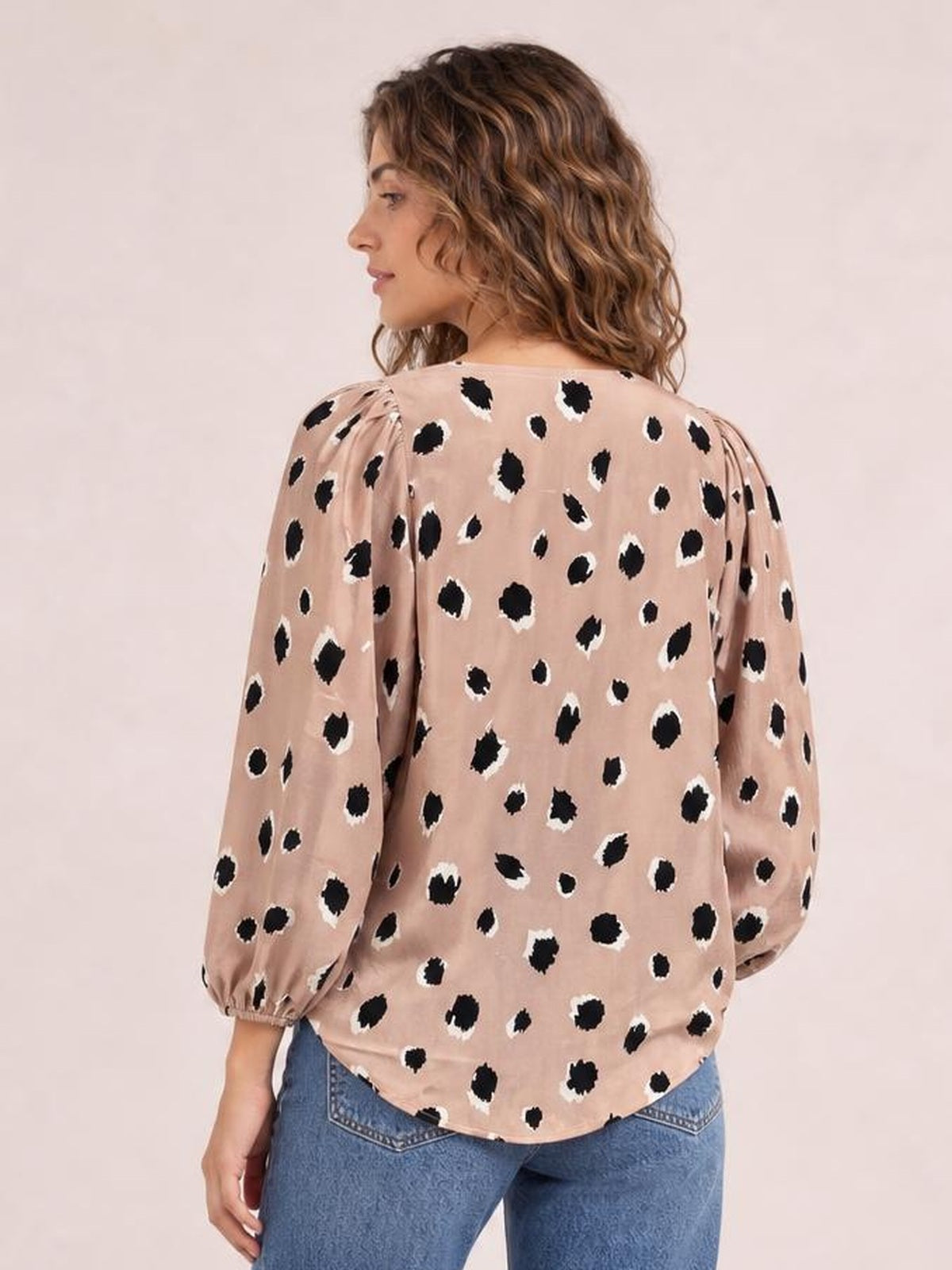 Contrast Animal Print V-Neck Long Sleeve Blouse · Rule Full Body - Back View · Full / Three-Quarter