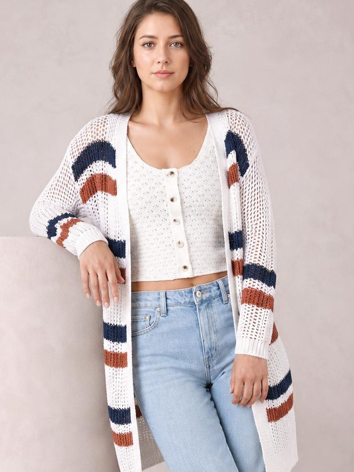 Contrast Openwork Open Front Long Sleeve Cardigan · Rule Full Body - Medium Editorial · Knee / Thigh Up