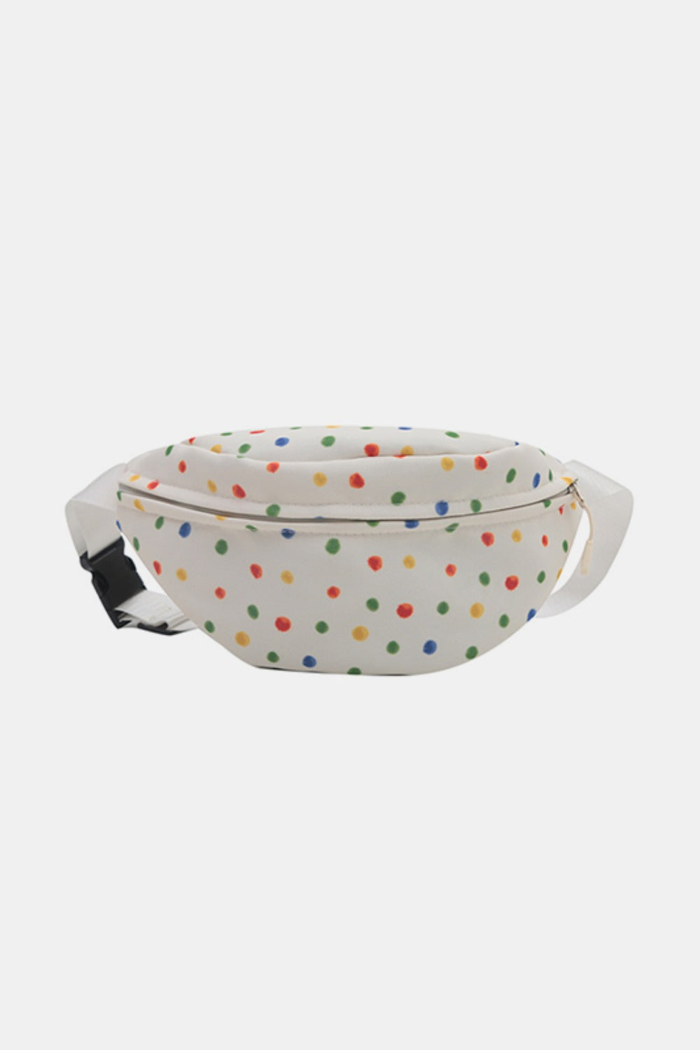 White polyester crossbody bag with colorful polka dots, a softly rounded silhouette, zippered top, and long adjustable strap.