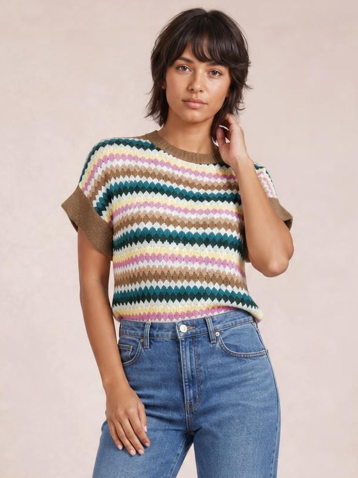 Model poses in a colorful striped contrast round neck short sleeve sweater with brown ribbed trim and a relaxed, slightly boxy silhouette.