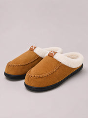 Brown contrast round-toe flat slippers feature plush white fleece lining, moccasin-style stitching, and sturdy black TPR soles.