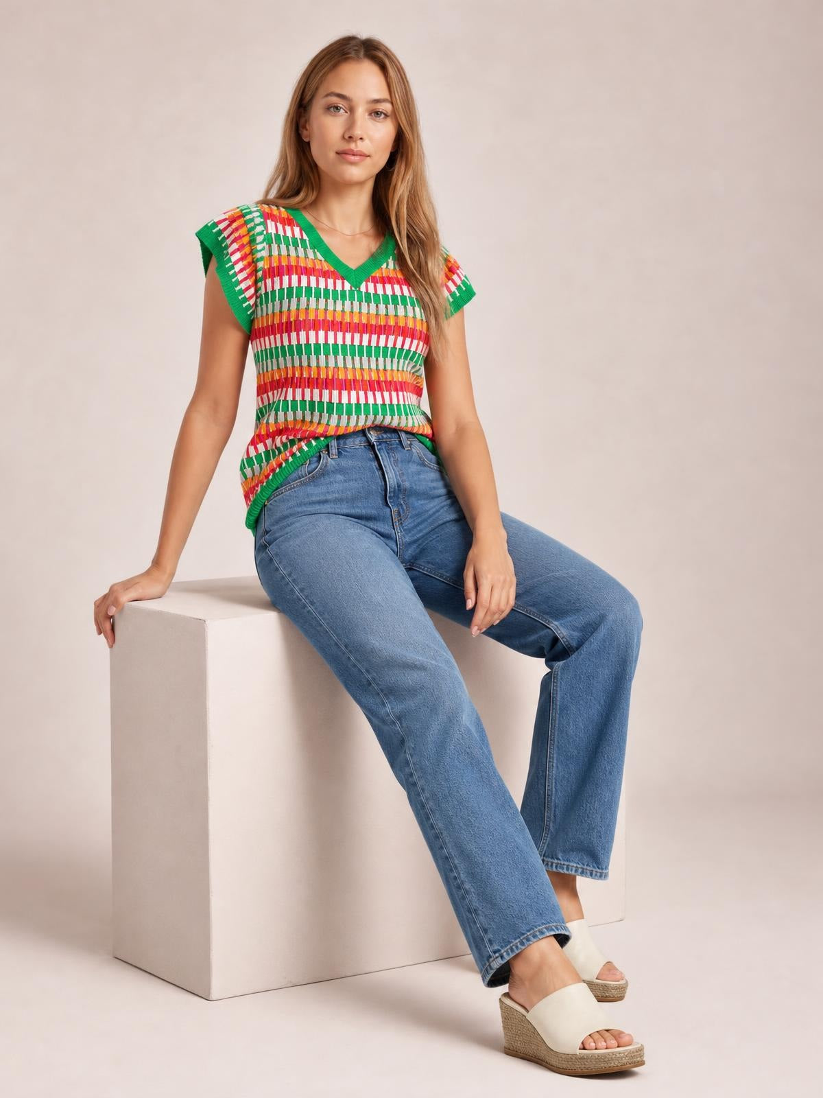 A seated model wears a colorful contrast-striped knit top with a green V-neck, short sleeves, and a relaxed silhouette partially tucked into jeans.