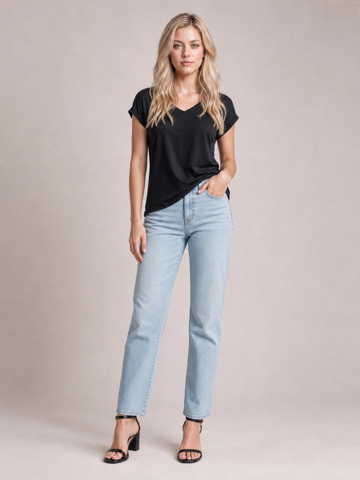 Model wears a black short-sleeve T-shirt with a V-neck, rolled cuffs, relaxed silhouette, and softly draped construction, posing with one hand in her jeans pocket.