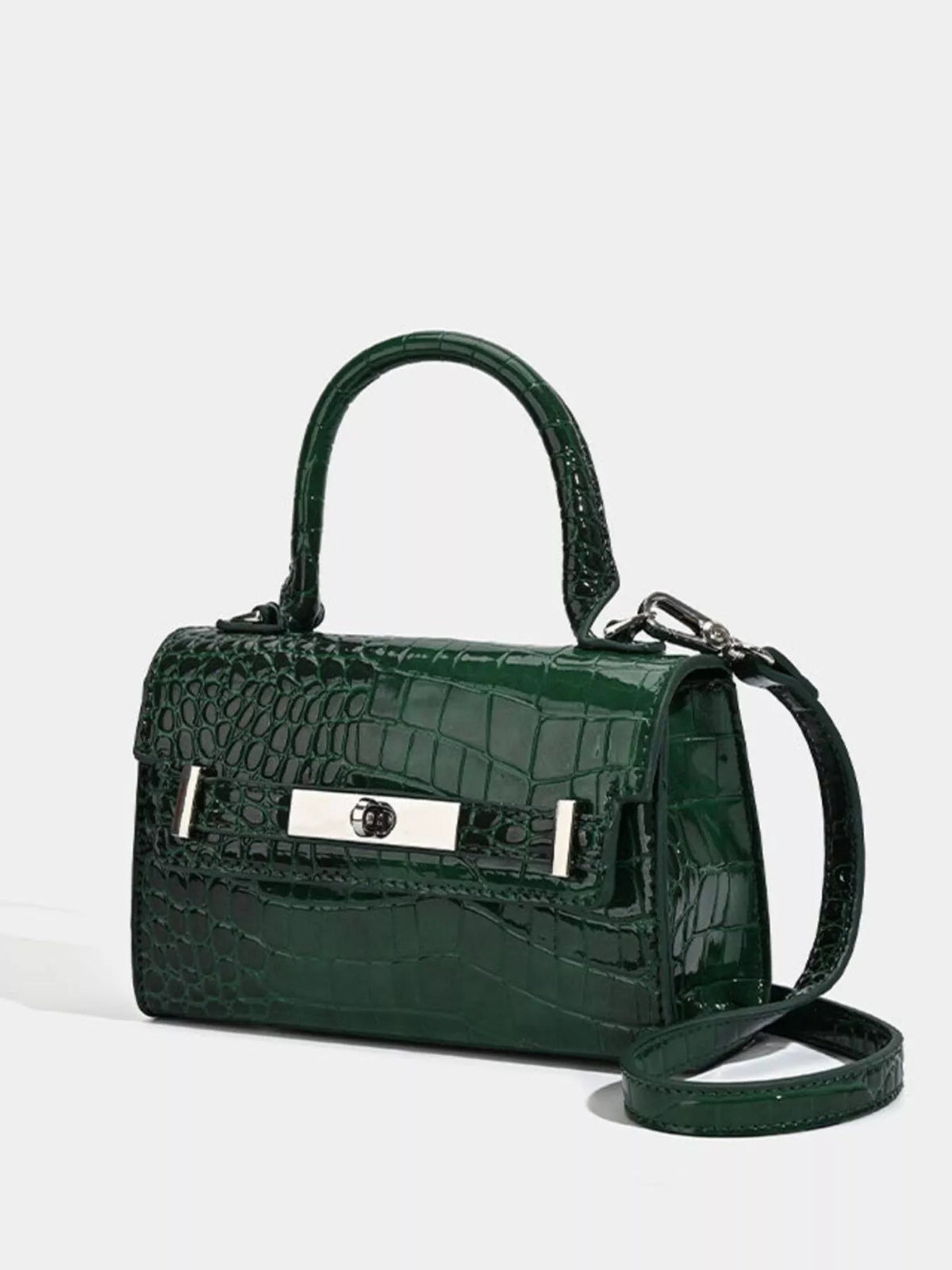 Small dark green PU leather croc-embossed top handle handbag with a structured silhouette, silver clasp, and detachable shoulder strap.